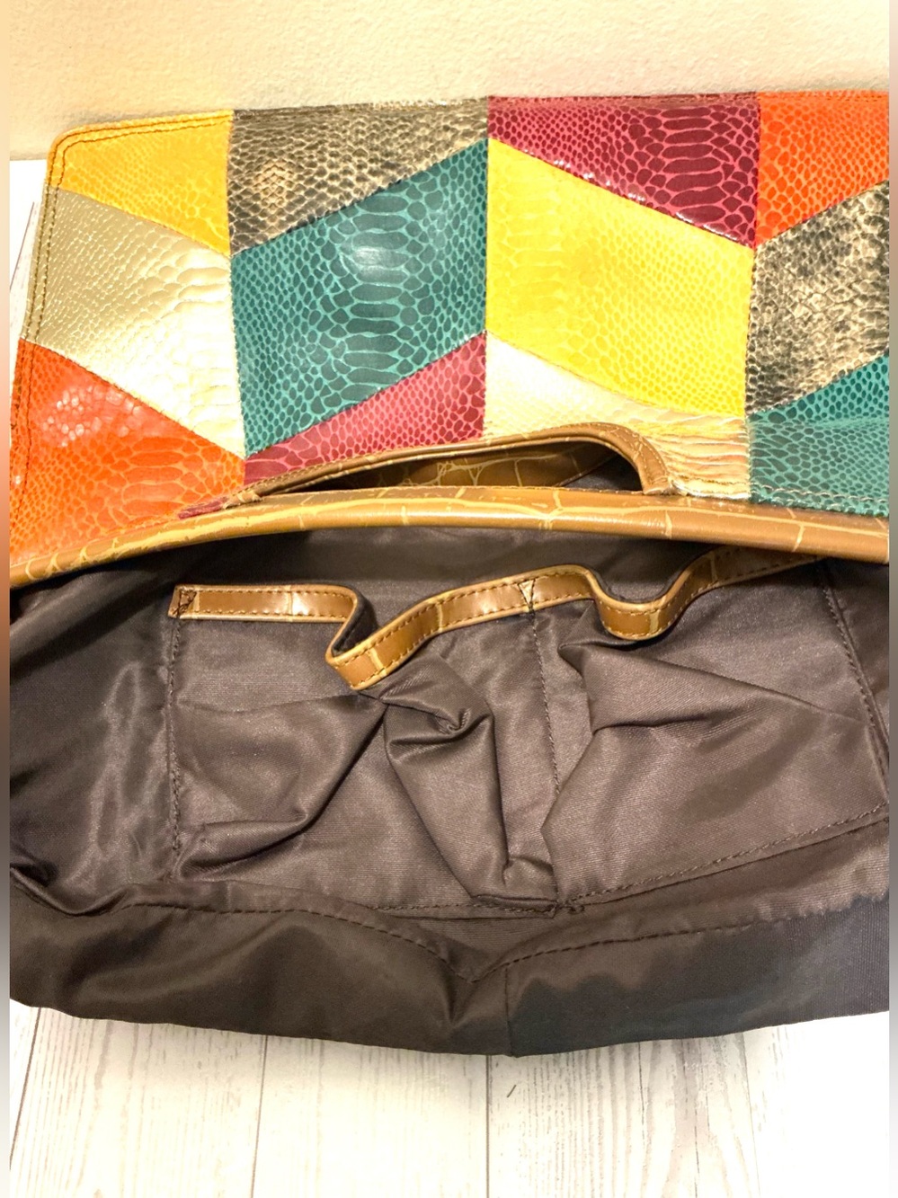 Nine West Multicolor Faux Snake Print Patchwork Clutch with Gold Accents - Picture 12 of 12